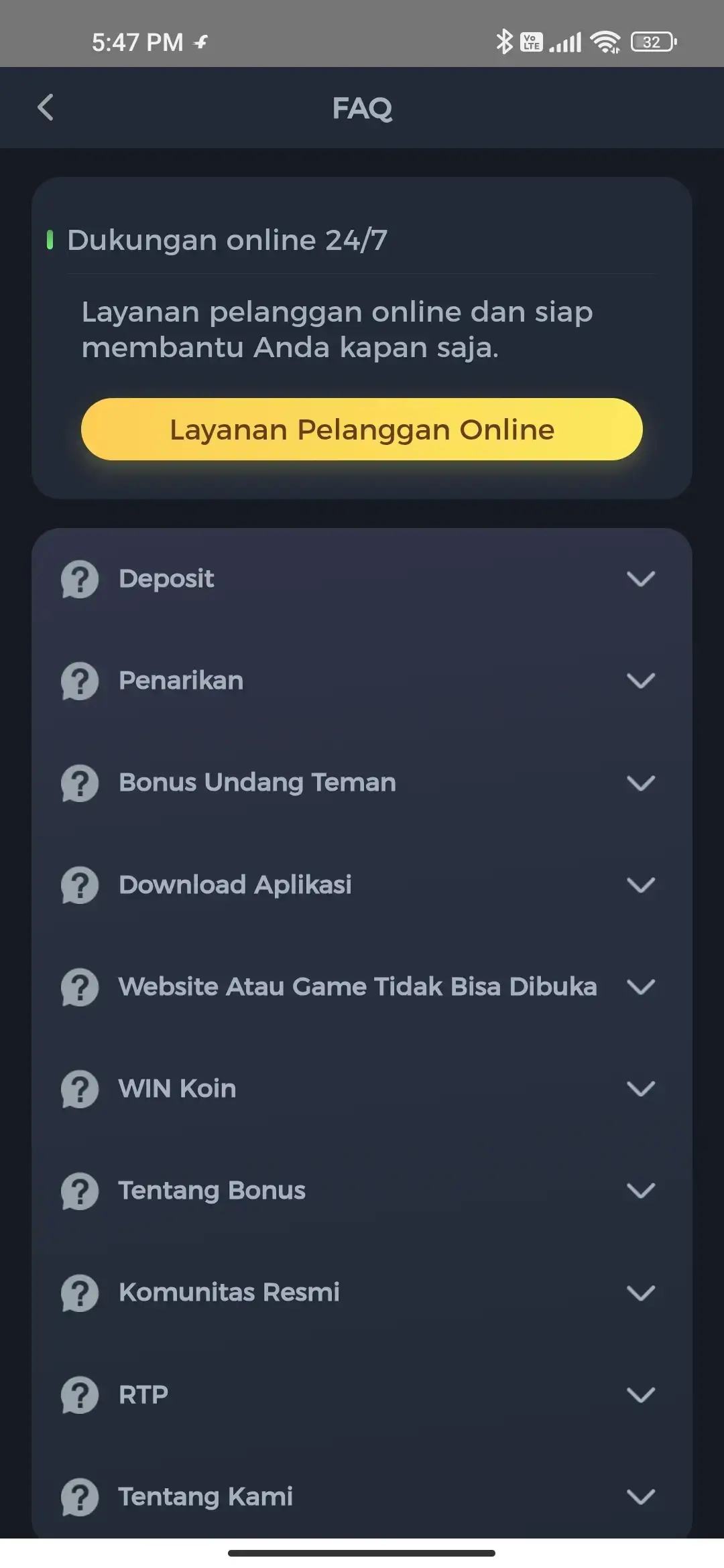 Halaman FAQ dan dukungan KM777 APK