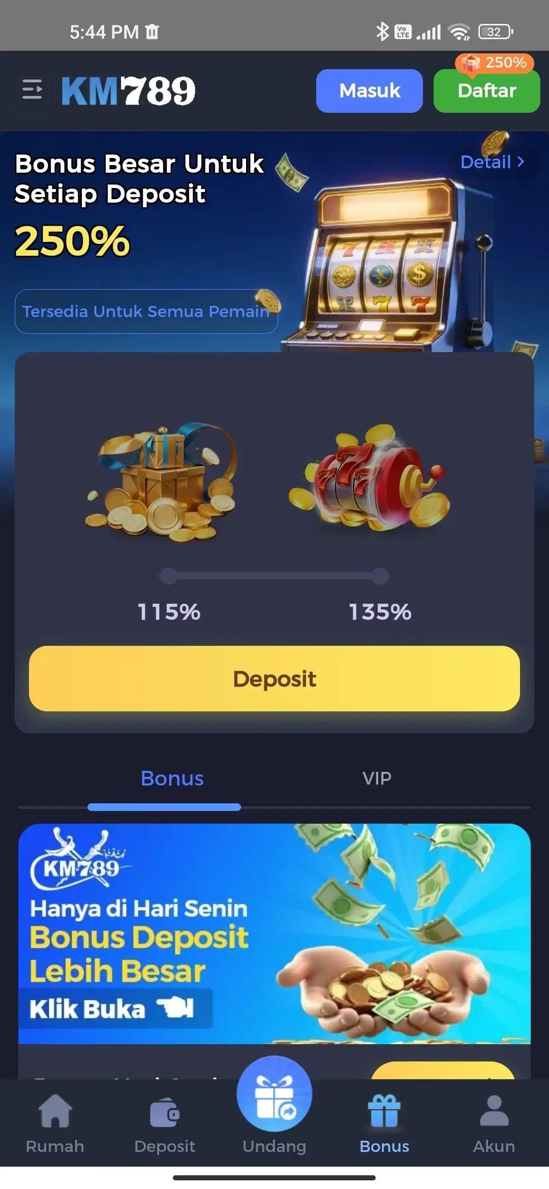 Halaman bonus dan deposit KM777 APK